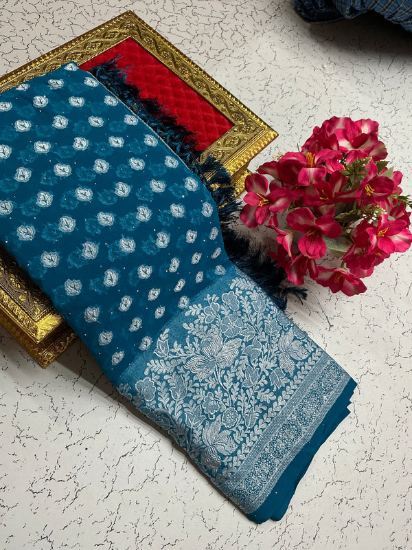 Georgette Fancy Saree – Peacock Blue Floral Zari Butta