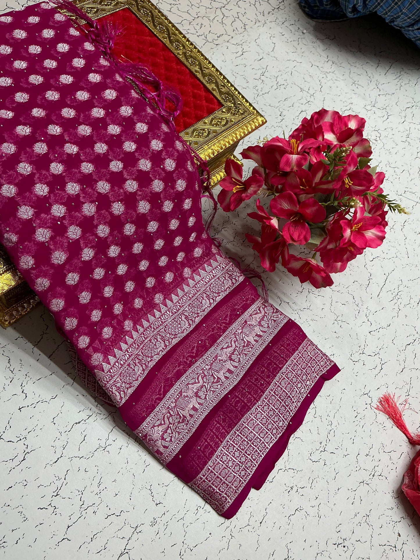 Georgette Fancy Saree – Rani Pink Lotus Zari Border