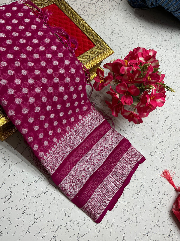 Georgette Fancy Saree – Rani Pink Lotus Zari Border