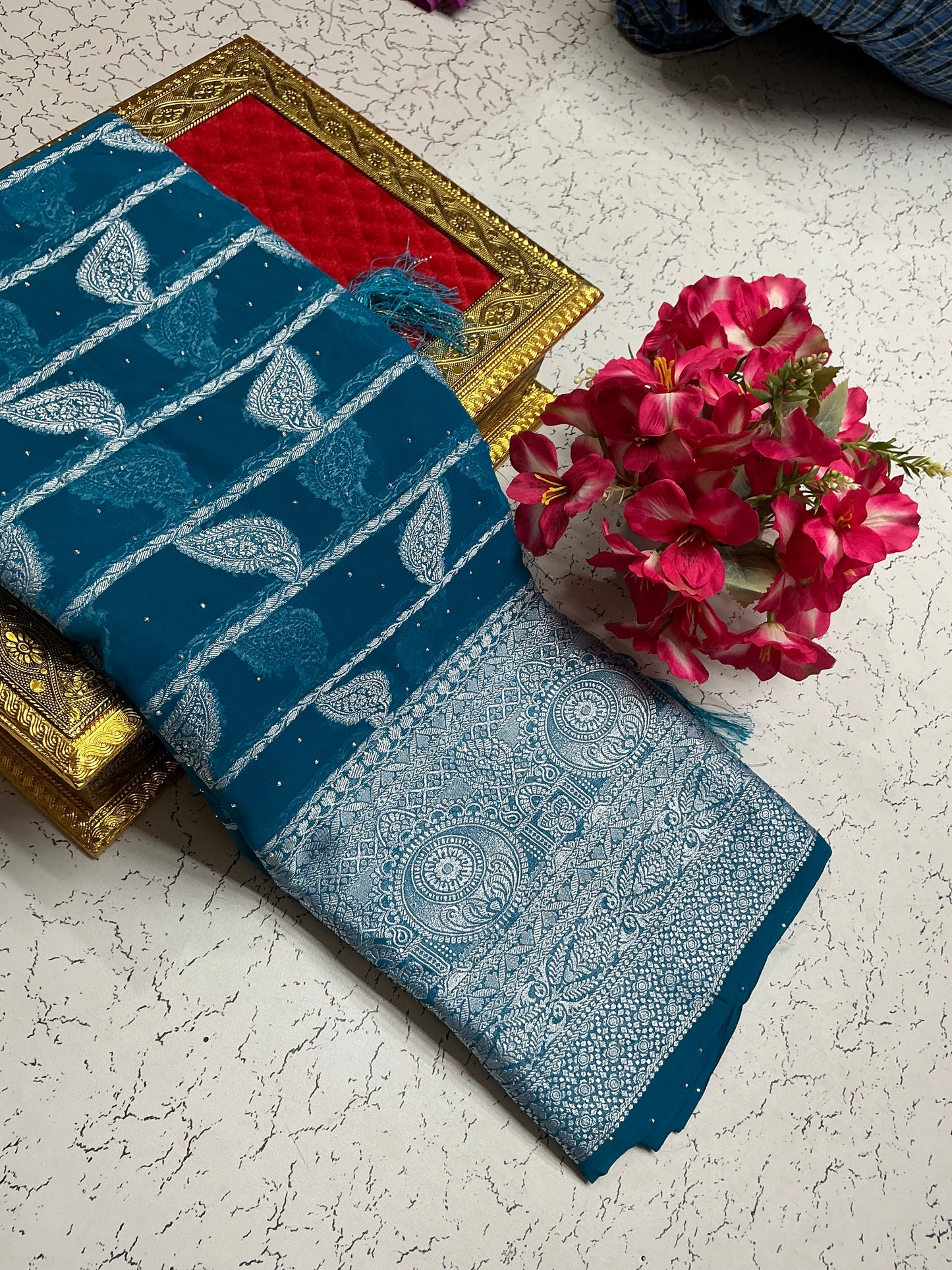 Georgette Fancy Saree – Teal Blue Temple Motif Pattern
