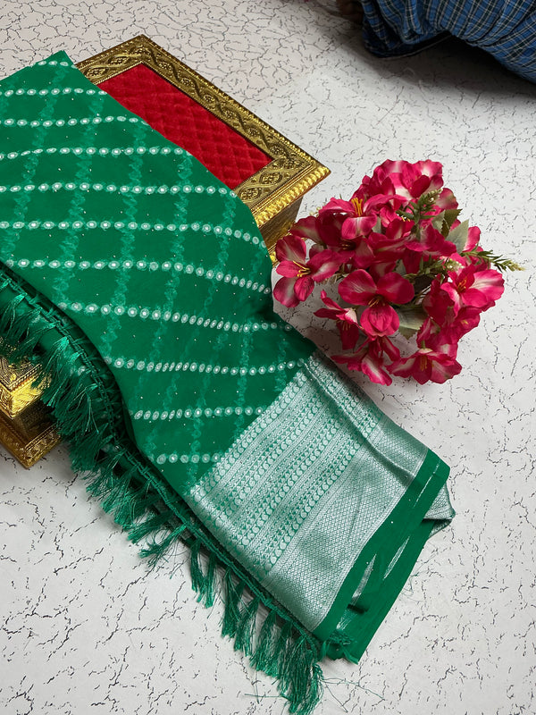Georgette fancy saree Emerald Green texture