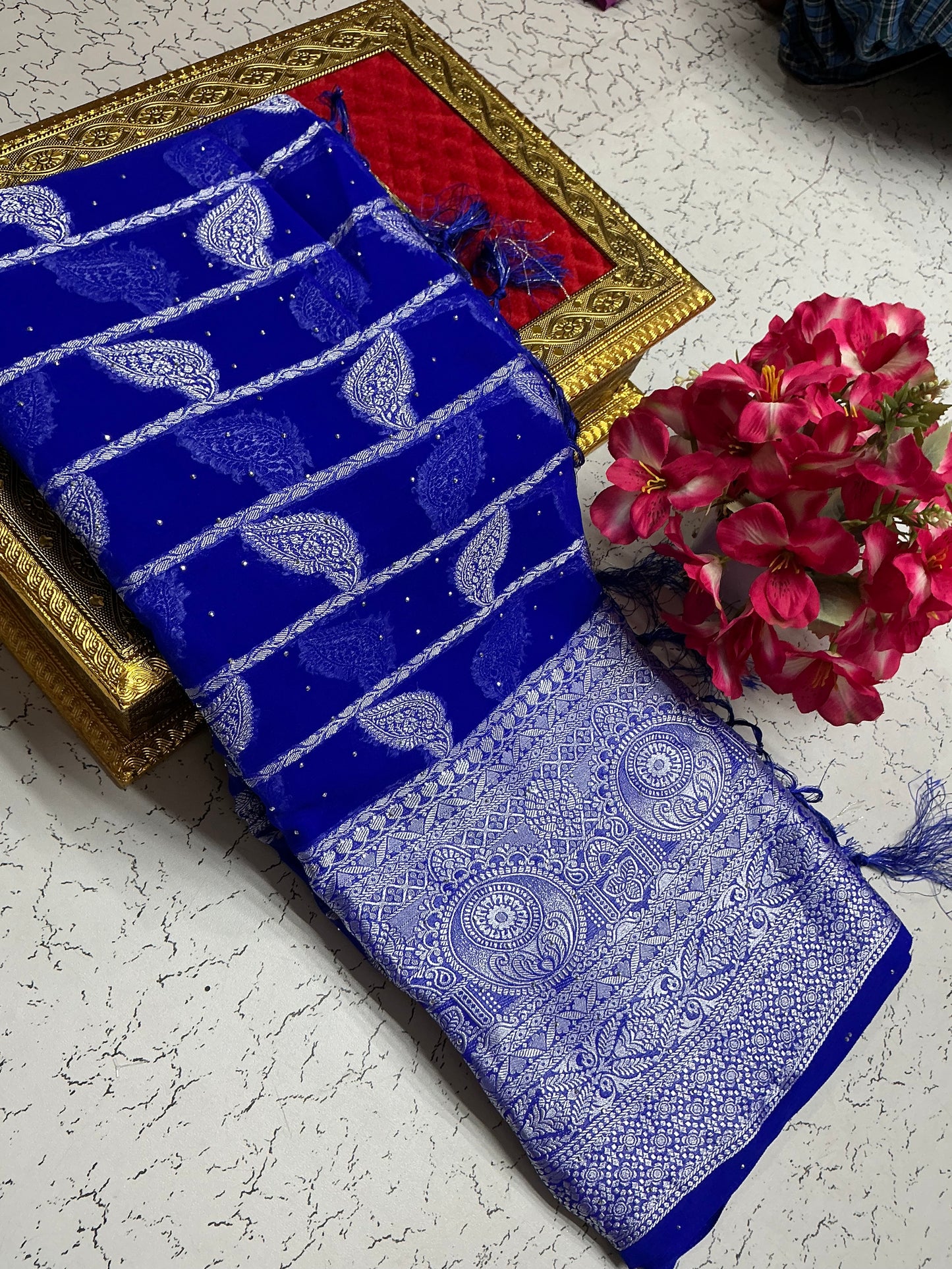 Georgette fancy saree Royal blue weavy leaves