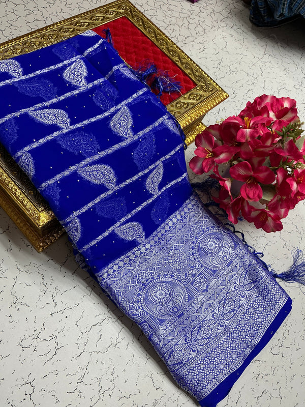 Georgette fancy saree Royal blue weavy leaves
