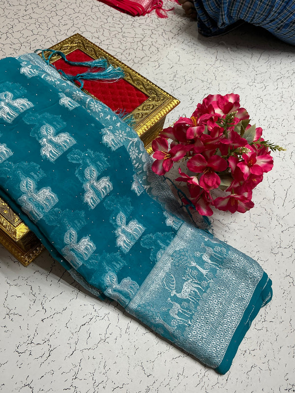 Georgette fancy saree peacock blue with silver deers