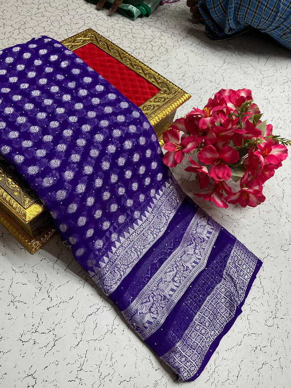Georgette fancysaree royal violet with the silver