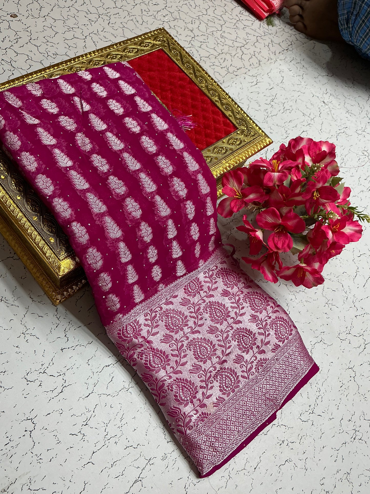 Georgette fancy saree with Rani, Rose and silver border