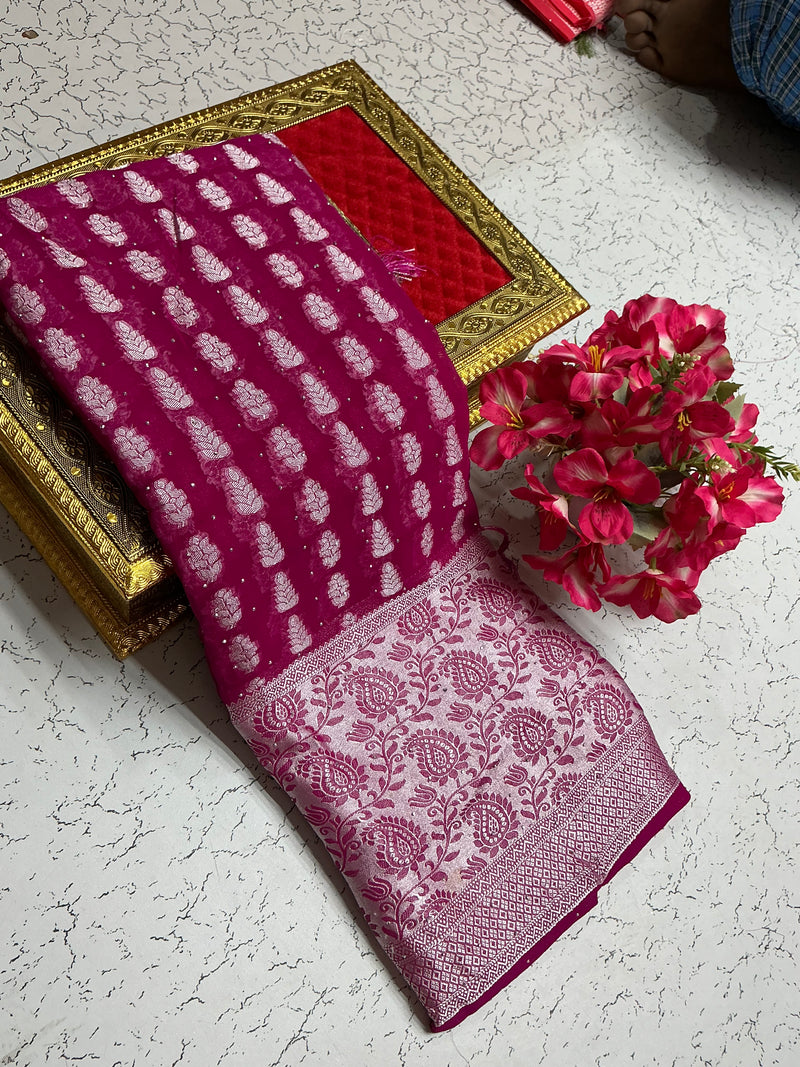 Georgette fancy saree with Rani, Rose and silver border