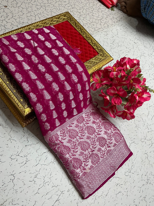 Georgette fancy saree with Rani, Rose and silver border
