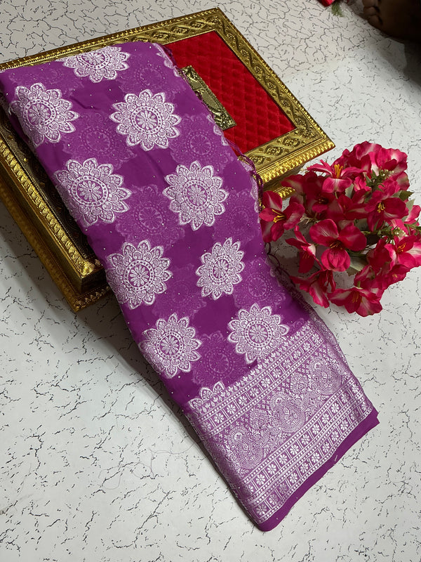 Georgette fancy saree with lavender pink and silver flower design