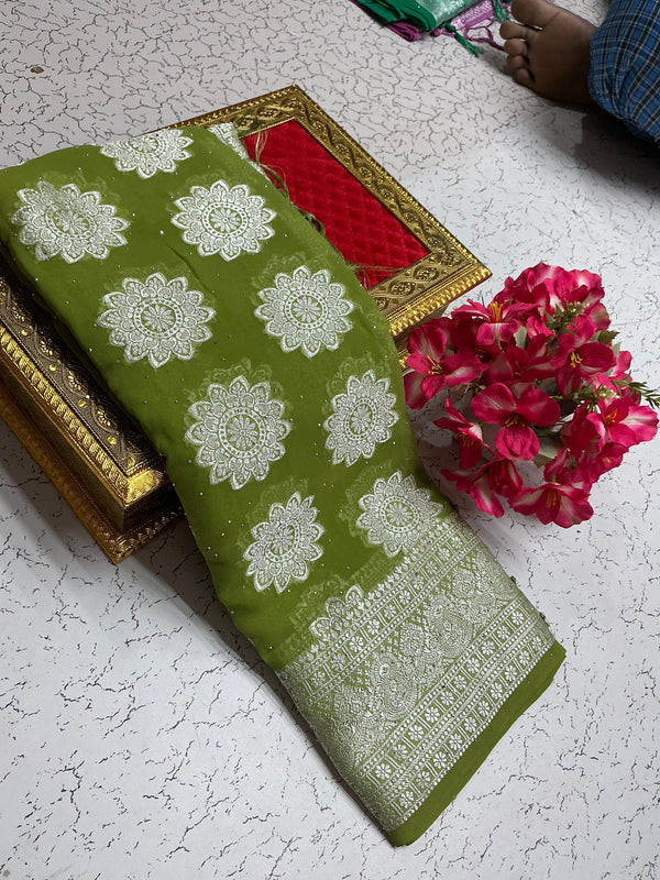 Georgette fancy saree with olive green and silver border