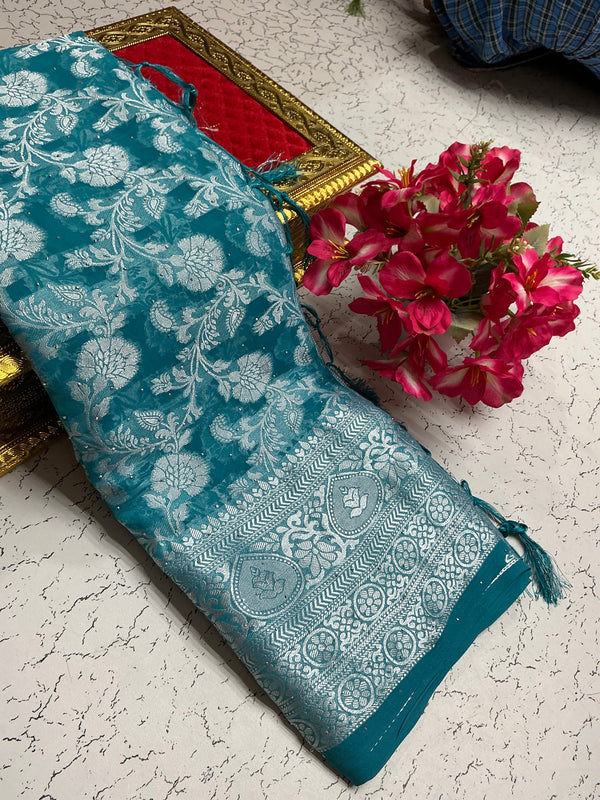 Georgette fancy saree with peacock blue with silver flowers