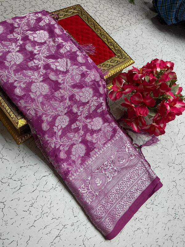 Georgette fancy saree with pink silver flowers