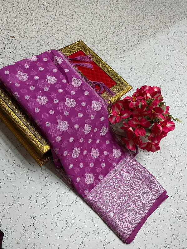 Georgette fancy saree with rani Rose and silver border