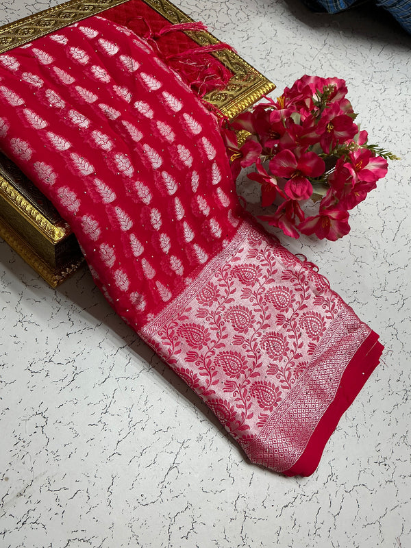 Georgette fancy saree with red and silver border Mango design