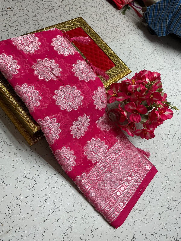 Georgette fancy saree with red and silver flower