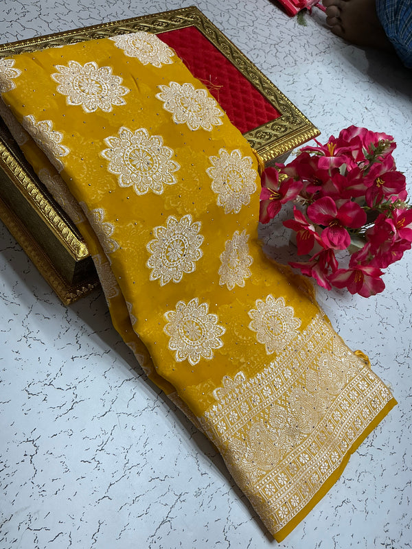Georgette fancy saree with yellow and silver border