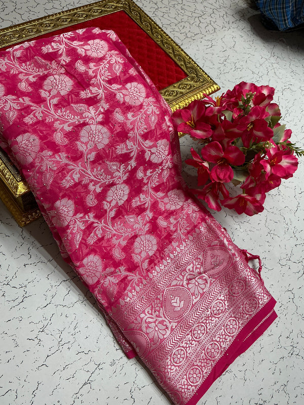 Georgette fancy sorry saree red with the silver flower