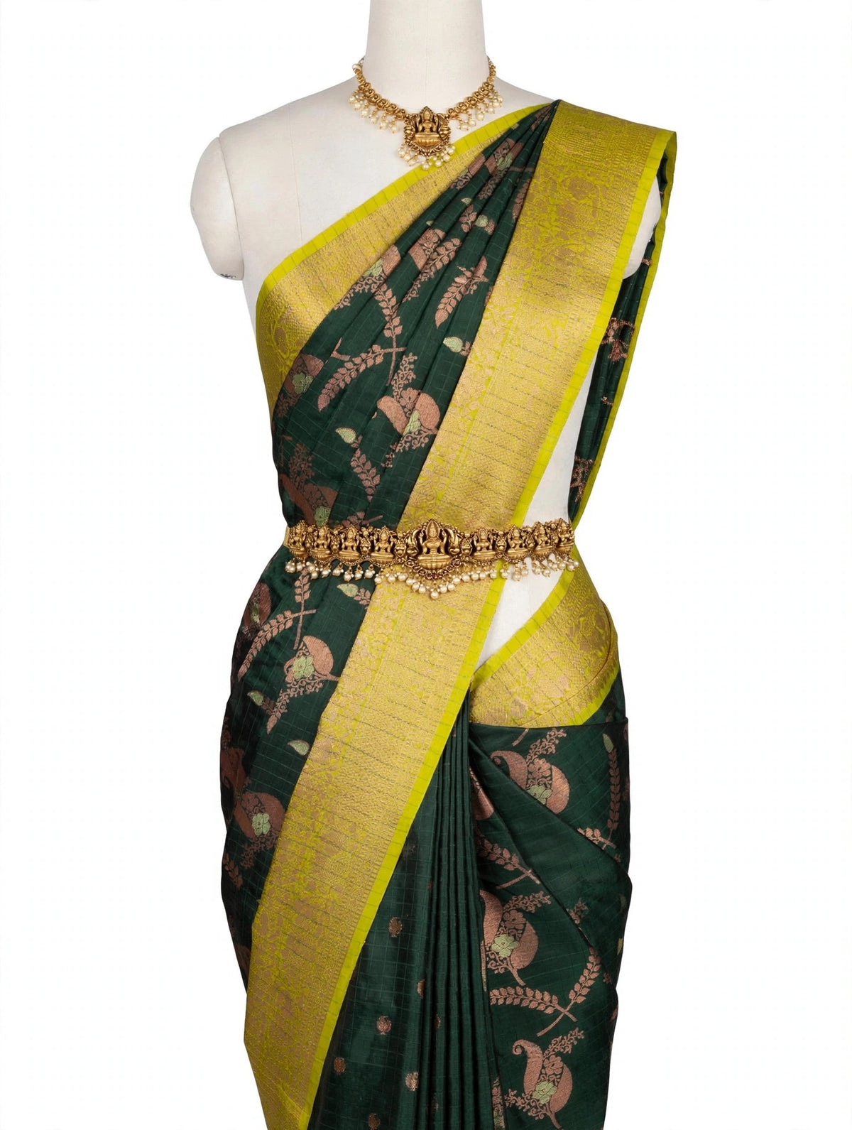Magic Silk Saree – Dark Green with Lime Green Zari Border & Peacock Floral Motifs | Sri Nandhini Tex | SNTMGS002