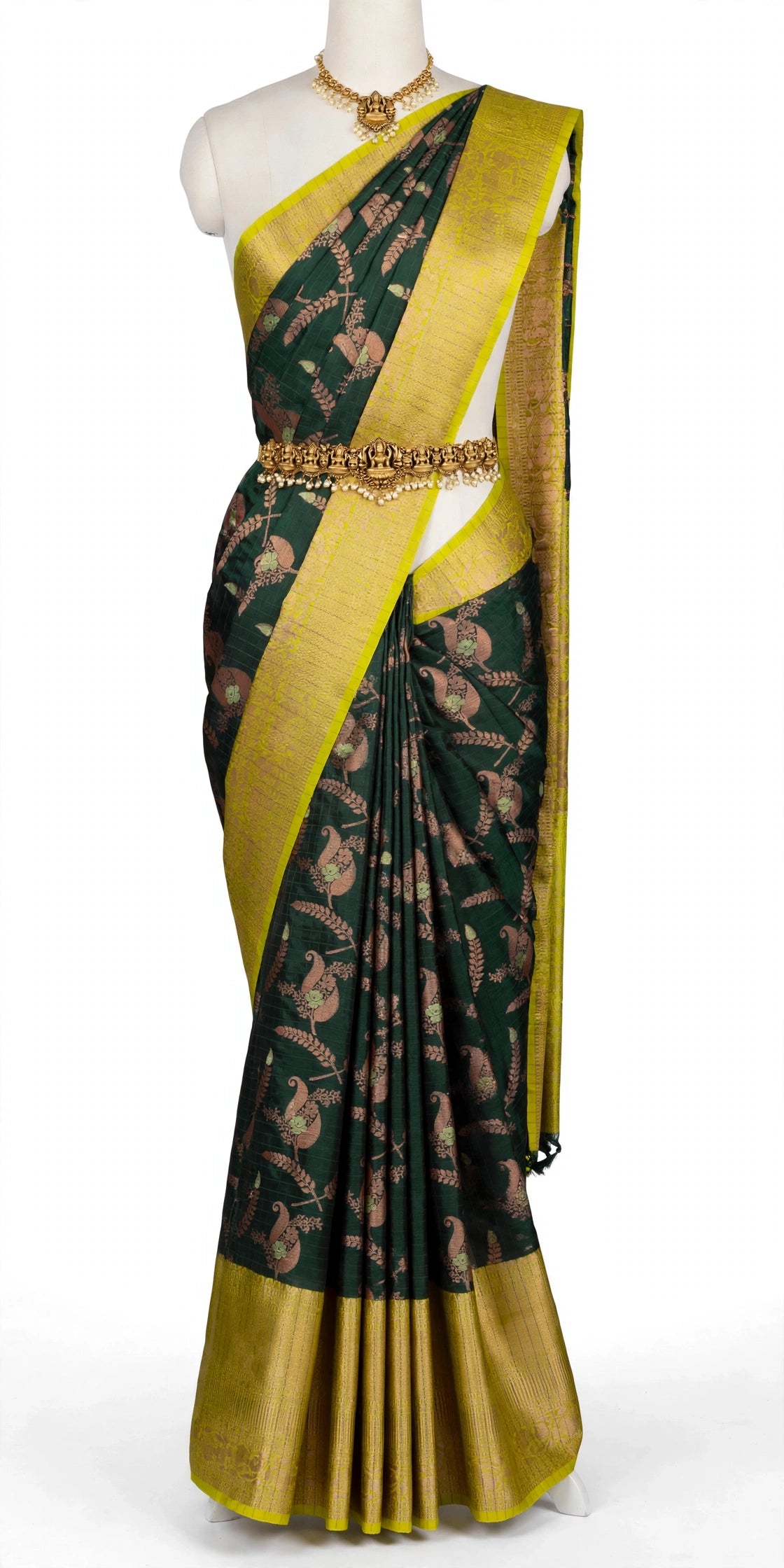 Magic Silk Saree – Dark Green with Lime Green Zari Border & Peacock Floral Motifs | Sri Nandhini Tex | SNTMGS002