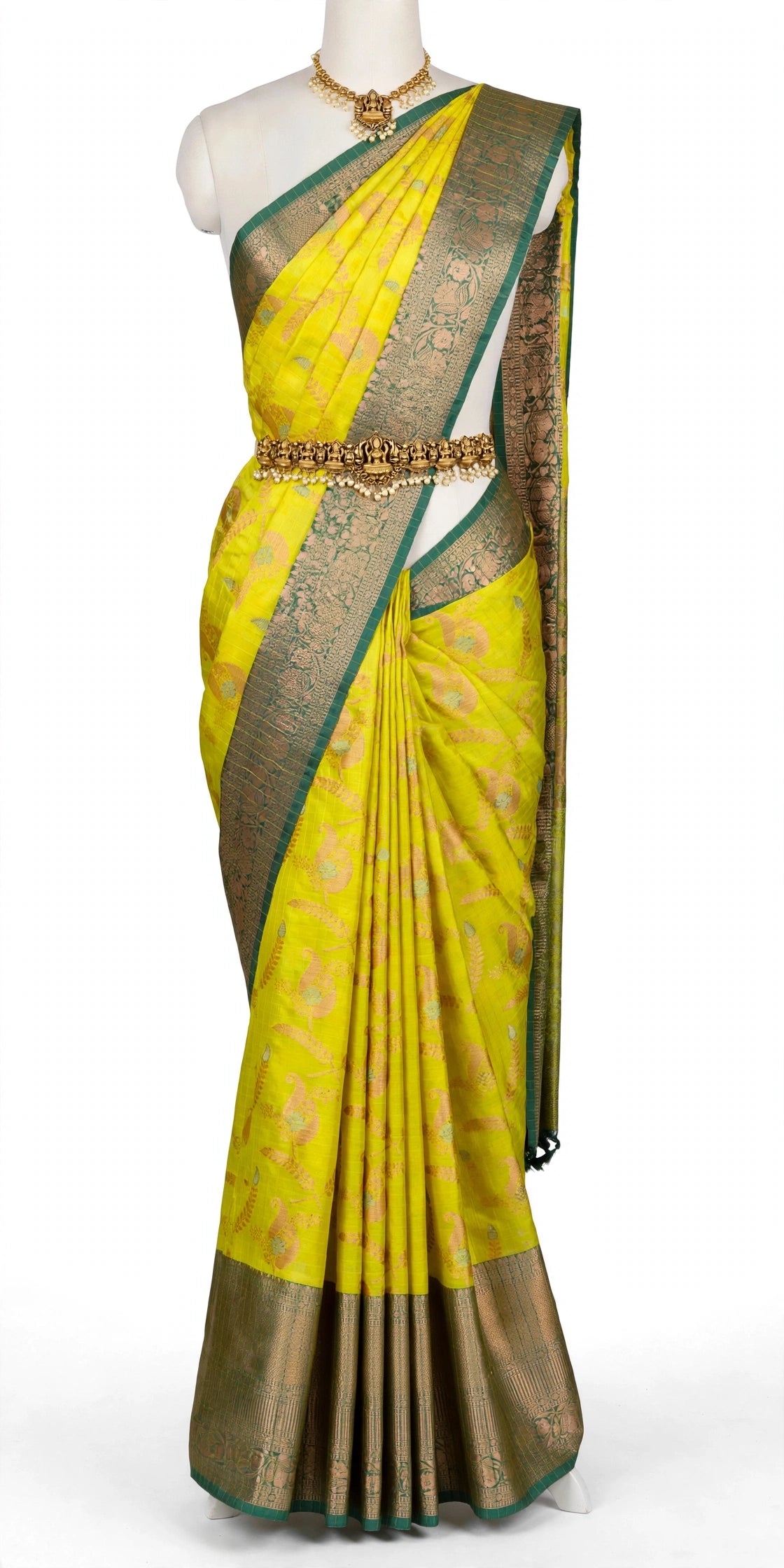 Magic Silk Saree – Bright Lime Yellow with Bottle Green & Antique Gold Zari Border | Sri Nandhini Tex | SNTMGS003