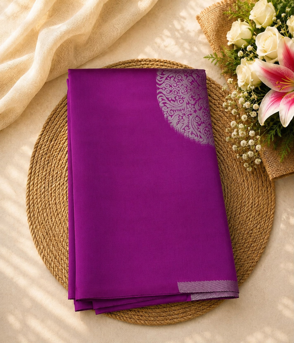 Semi soft Silk Offer Saree | Orchid Purple | Elegant Silver Zari Corner | Sri Nandhini Tex | Code: SNTAOS19