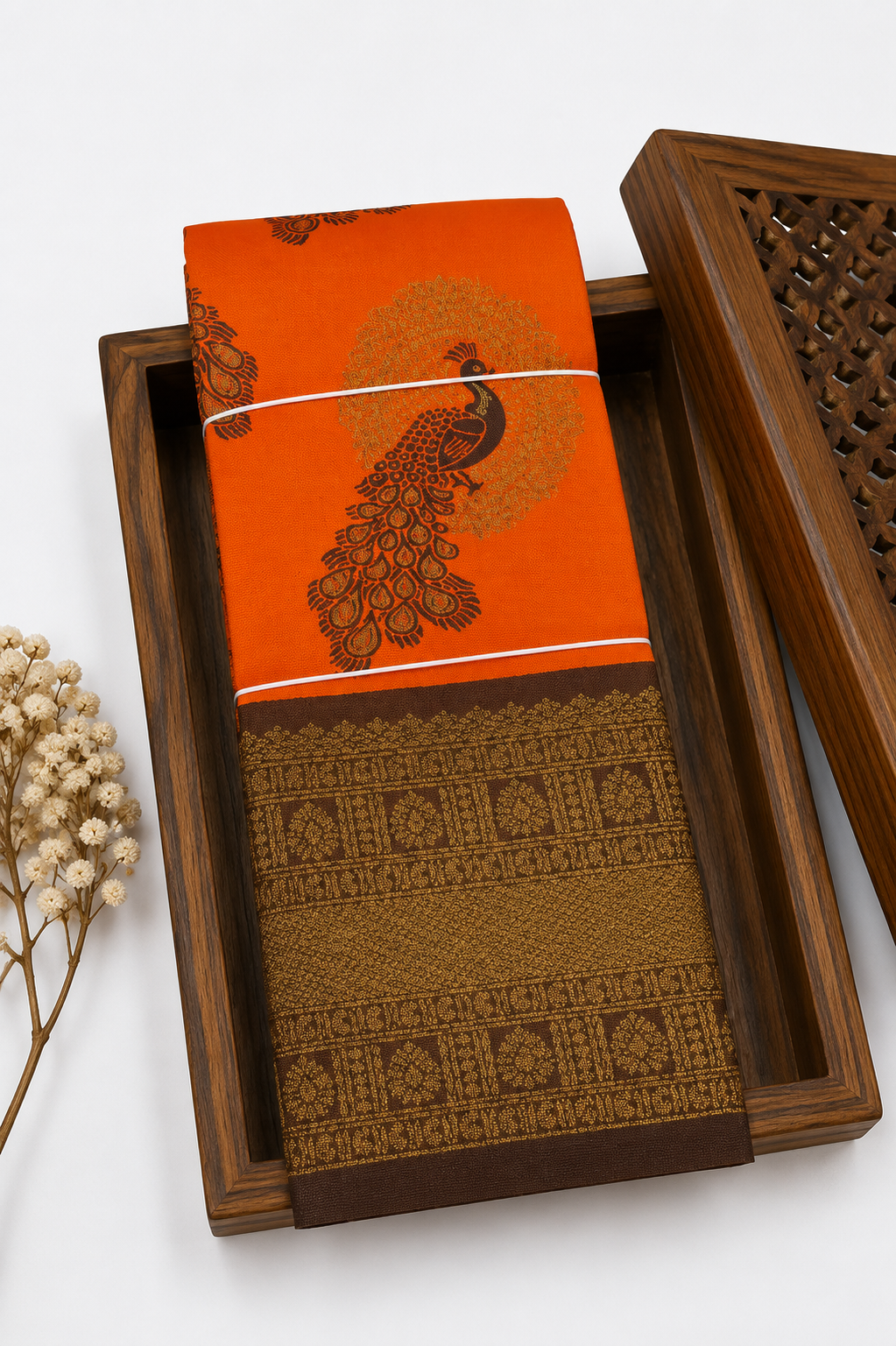 Elegant Peacock Motif | Rich Zari Weave | Rust Orange with Coffee Brown Border | Sri Nandhini Tex
Code: SNTSM001