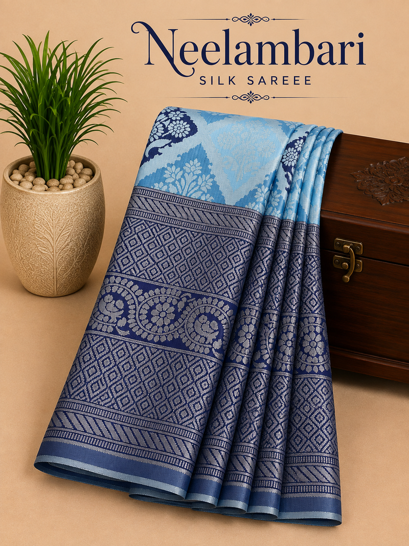 Premium Neelambari Silk Saree – Ice Blue with Navy Blue Contrast Border | Sri Nandhini Tex | SNTNS005
