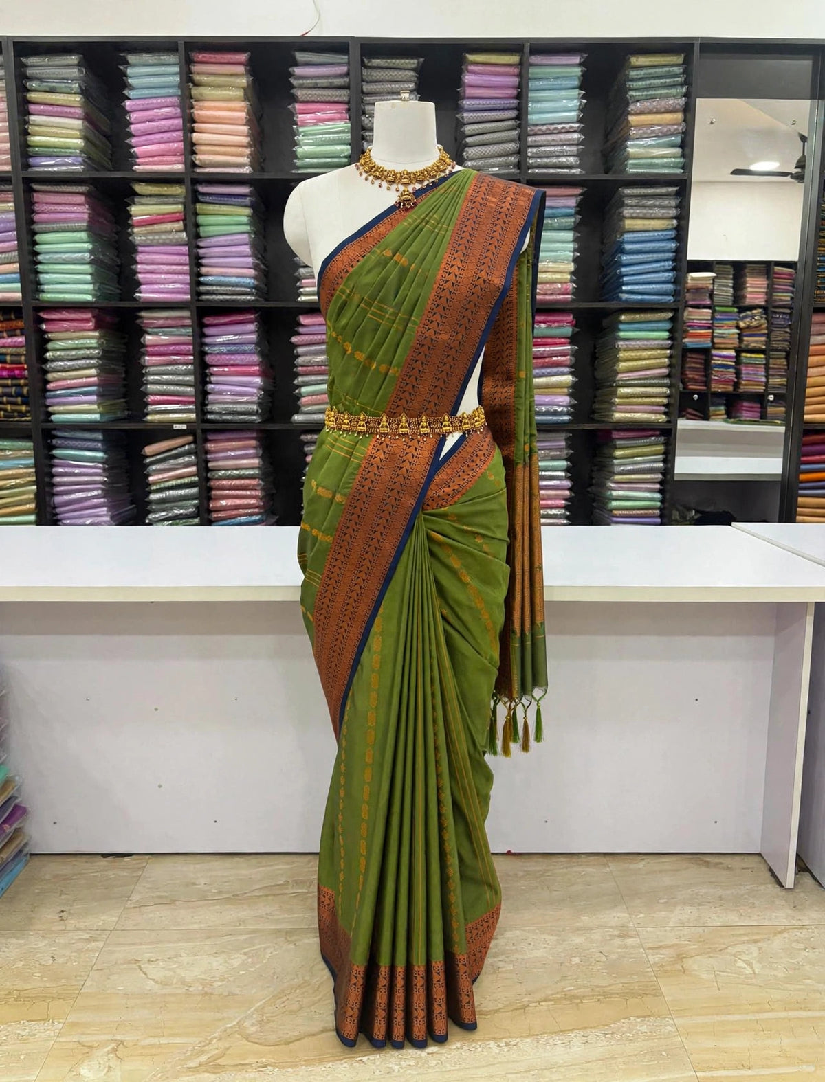 Olive Green Elampillai Soft Silk Saree with Copper Zari Border | Sri Nandhini Tex SNTESS001