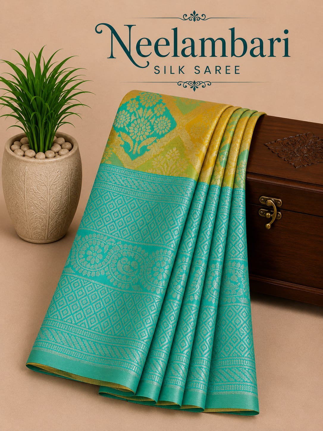 Premium Neelambari Silk Saree – Aqua Blue with Lime Green Jacquard Weaving | Sri Nandhini Tex | SNTNS001