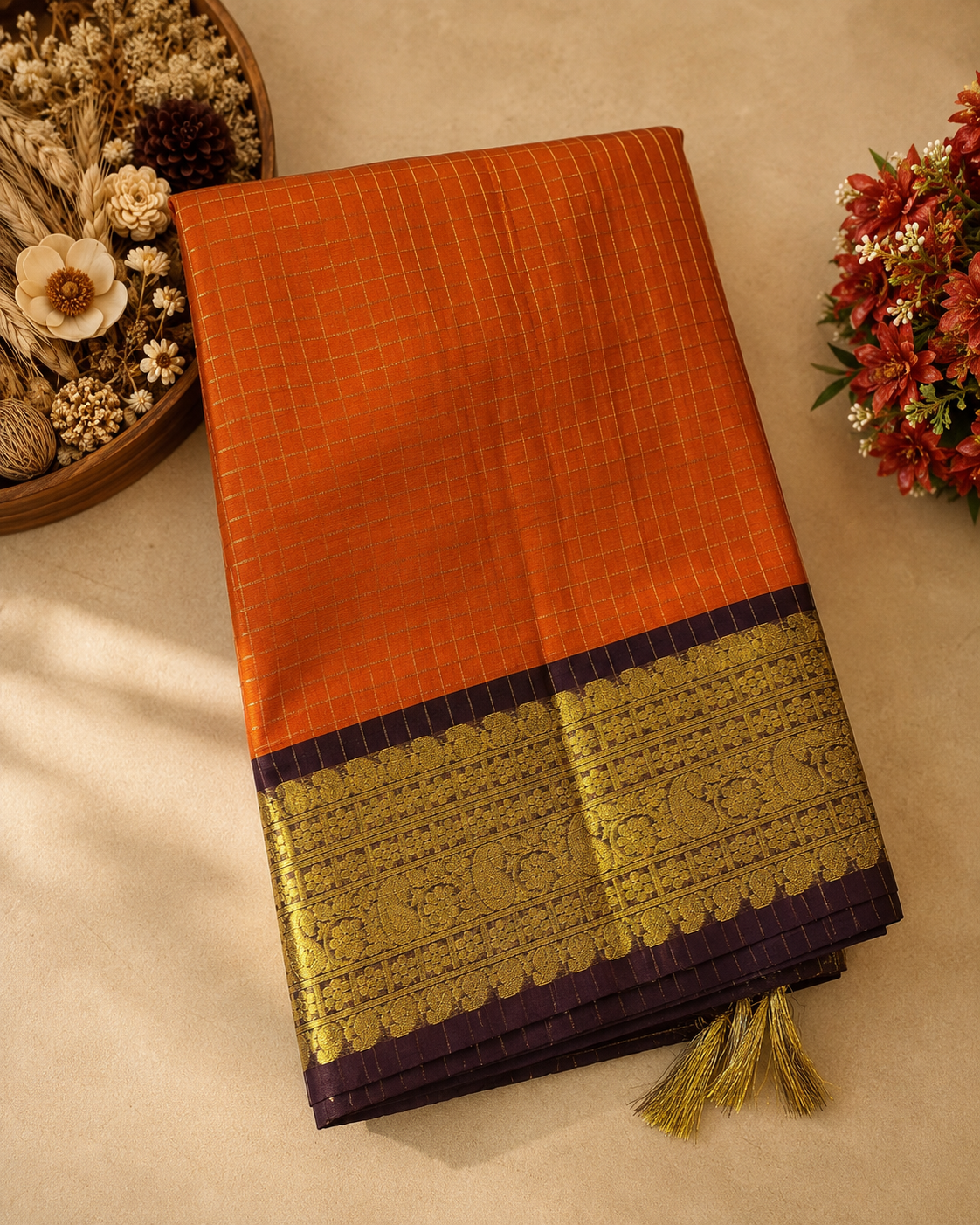 Premium Banaras Soft Silk Saree – Burnt Orange with Deep Purple Zari Border | Festive Traditional Saree | Sri Nandhini Tex | SNTSS001