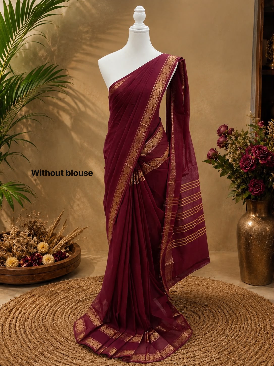 Premium Sungudi Cotton Saree – Maroon Red with Antique Gold Border | Festive Cotton Saree | Sri Nandhini Tex | SCS001