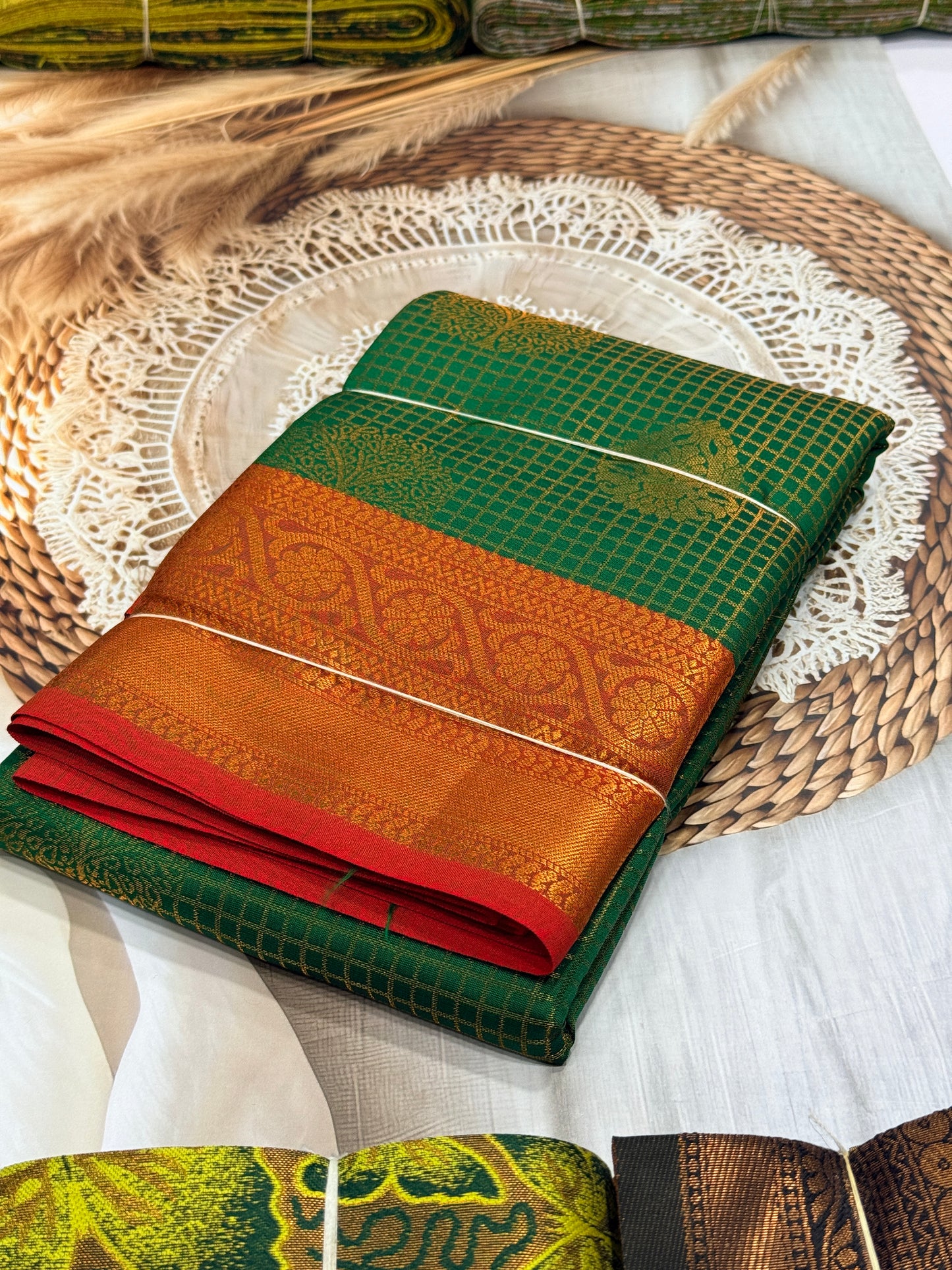 Semi Kanchipuram Vaira Oosi Bridal Saree Green with Copper Zari Weaving Contrast Rich Pallu