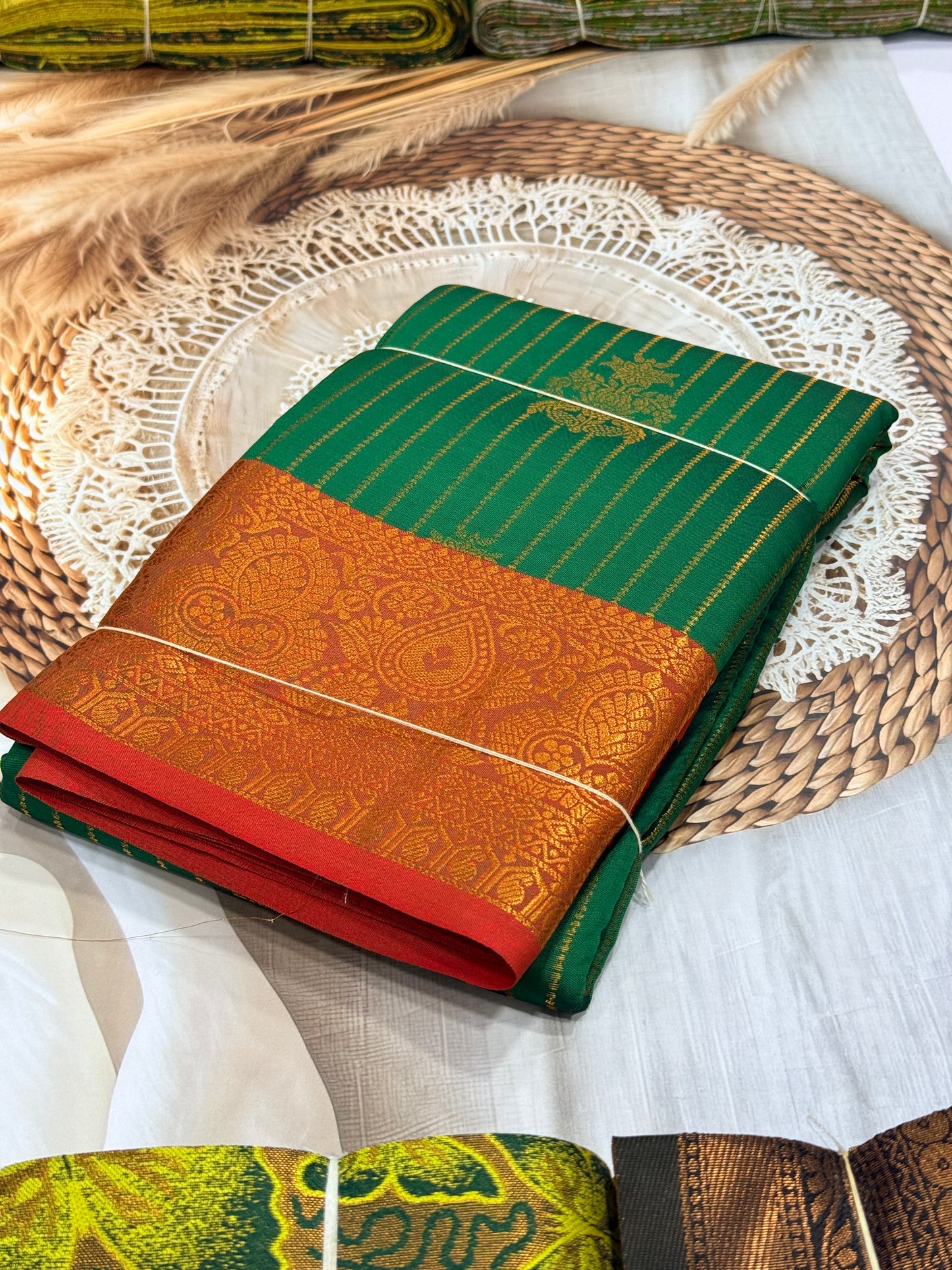 Semi Kanchipuram Vaira Oosi Saree Green Striped Pattern with Copper Zari Bridal Saree