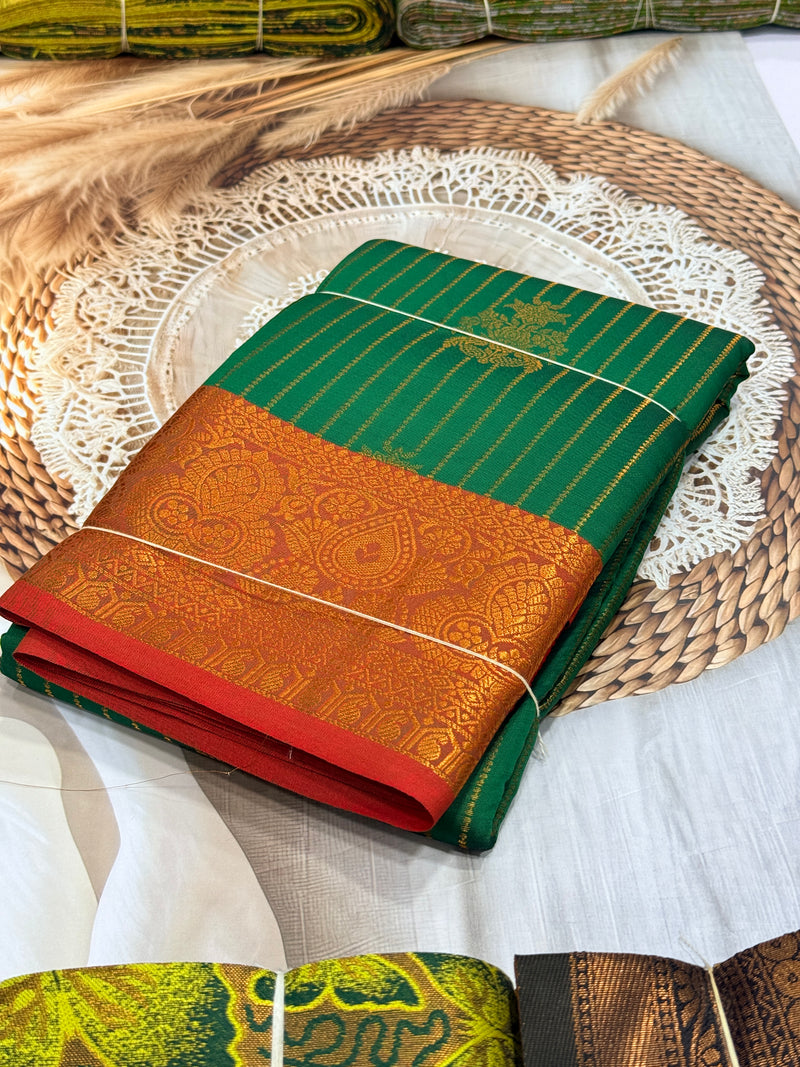 Semi Kanchipuram Vaira Oosi Saree Green Striped Pattern with Copper Zari Bridal Saree