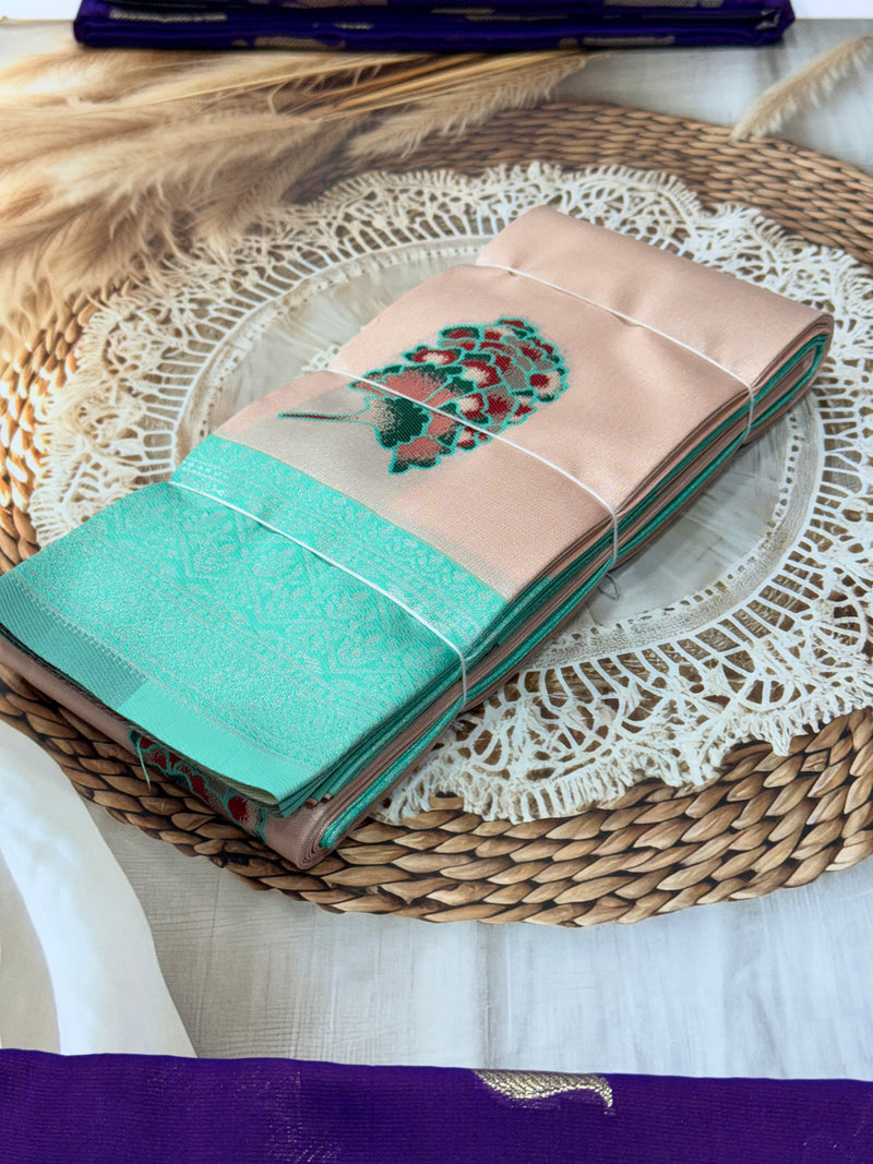 Banaras Tissue Saree with Peacock Weaving – Peach & Mint Green Contrast | Sri Nandhini Tex