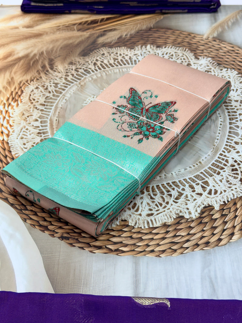 Banaras Tissue Saree with Butterfly Design – Peach & Green Border