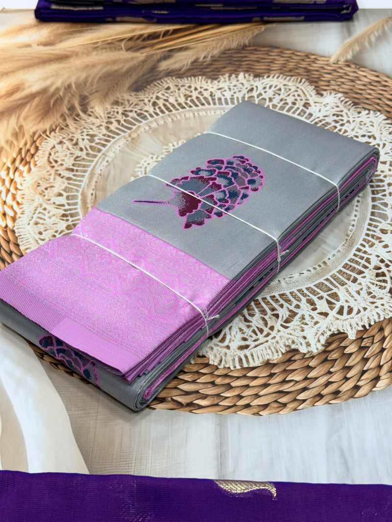 Banaras Tissue Saree with Peacock Motif – Grey & Pink Contrast