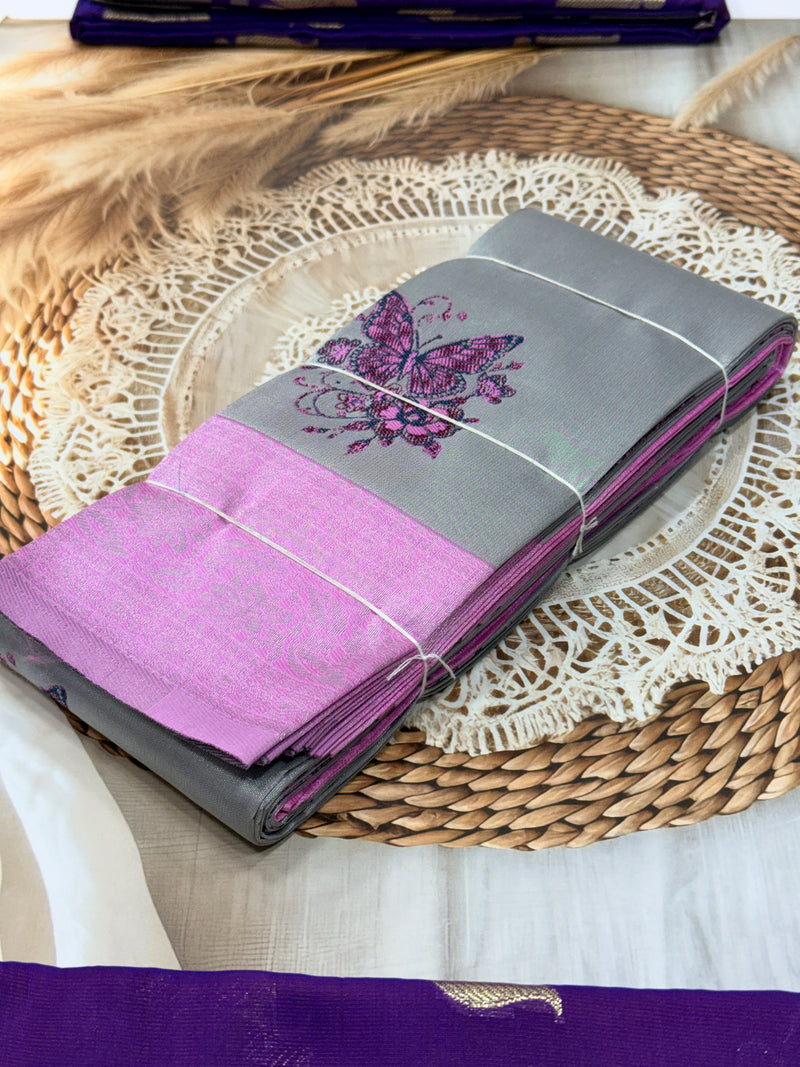 Designer Banaras Tissue Saree with Butterfly Weaving – Grey & Pink