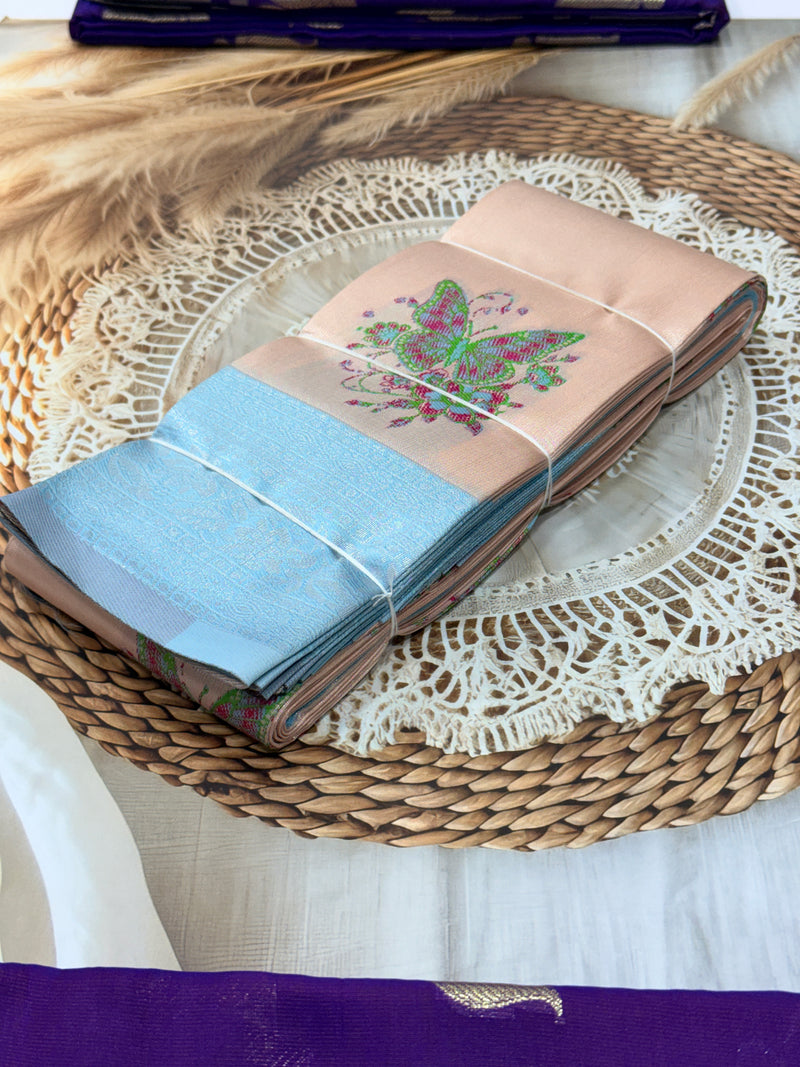 Banaras Tissue Saree with Butterfly Design – Peach & Sky Blue Border