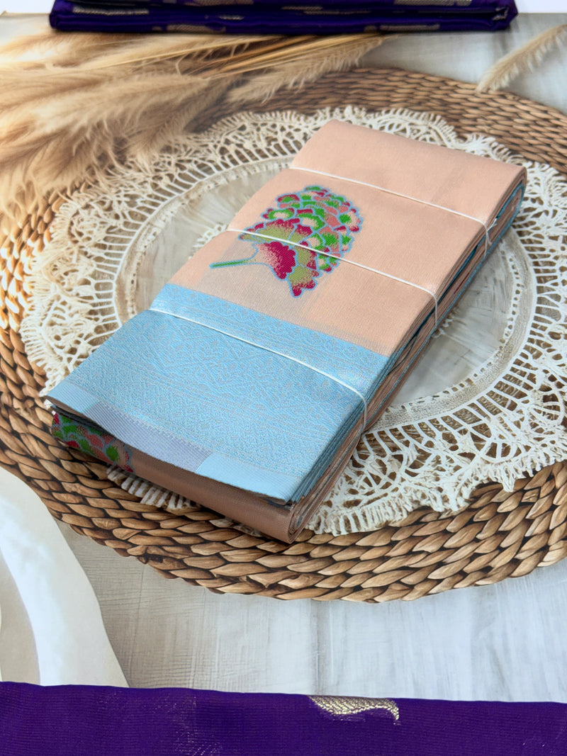 Banaras Tissue Saree with Peacock Weaving – Peach & Light Blue