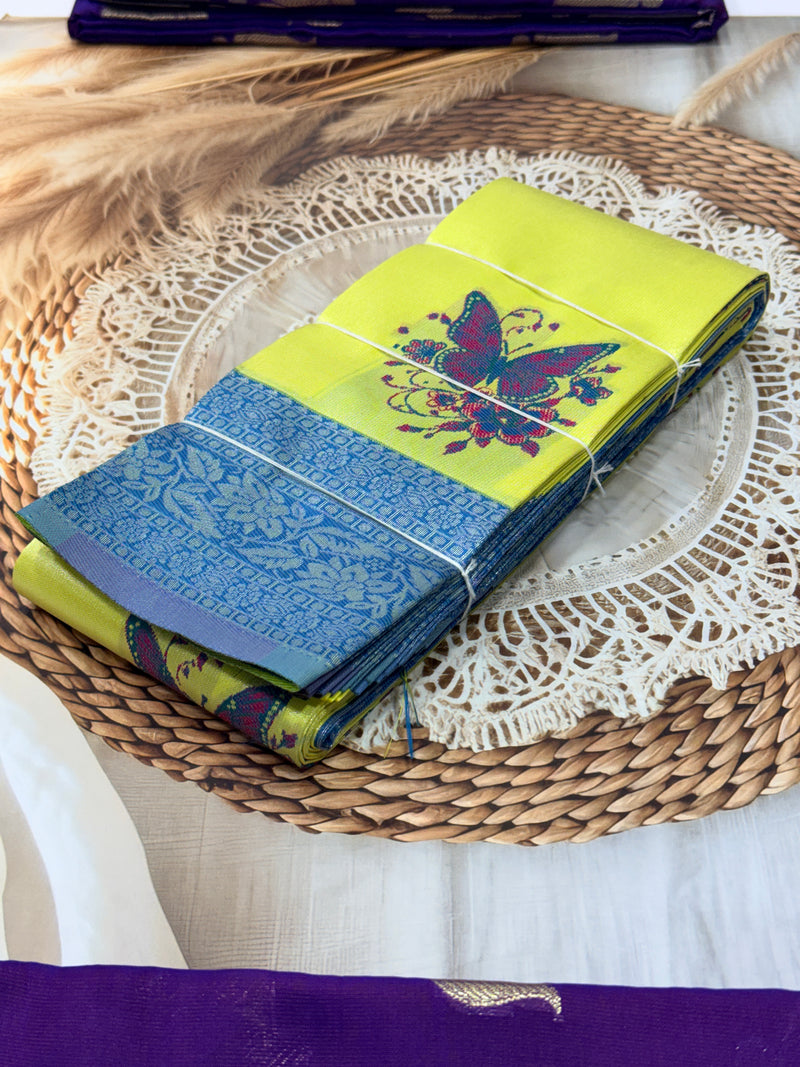 Banaras Tissue Saree with Butterfly Motif – Yellow & Blue Contrast