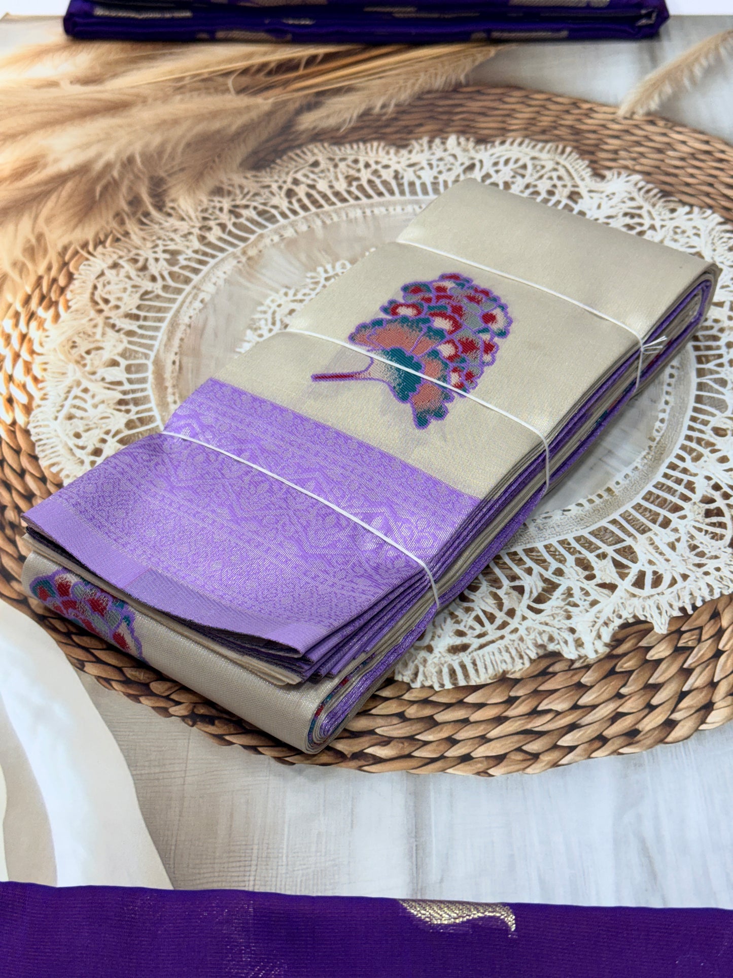 Banaras Tissue Saree with Peacock Weaving – Beige & Purple Border