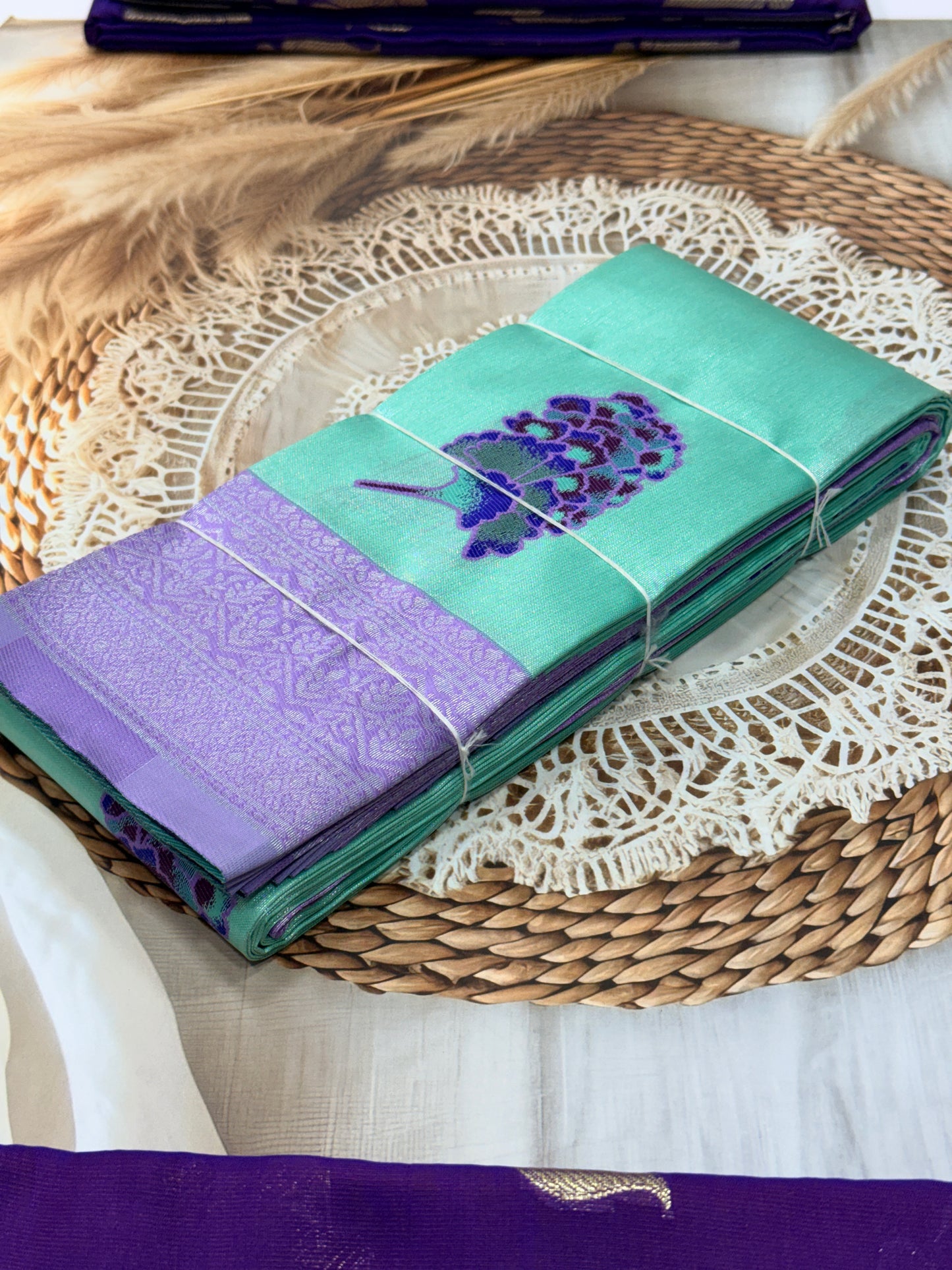 Banaras Tissue Saree with Peacock Design – Green & Purple Contrast