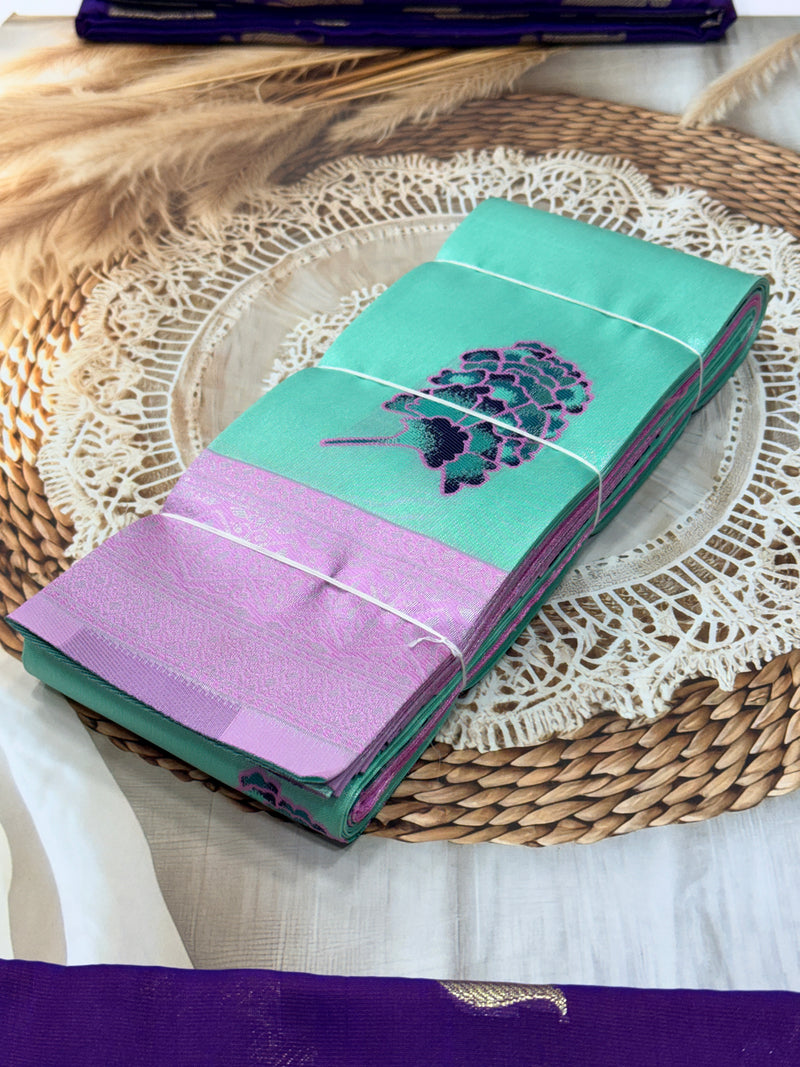 Banaras Tissue Saree with Peacock Motif – Teal Green & Pink Border