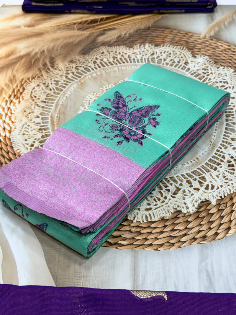 Banaras Tissue Saree with Butterfly Design – Teal Green & Pink Contrast