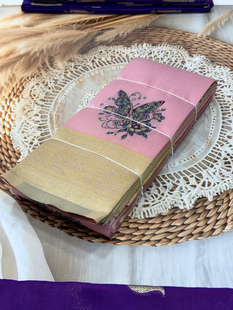 Banaras Tissue Saree with Butterfly Weaving – Pink & Gold Border