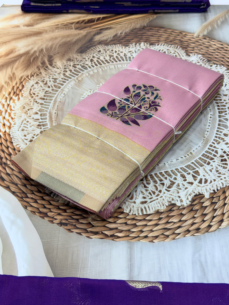 Banaras Tissue Saree with Floral Leaf Motif – Pink & Gold Contrast