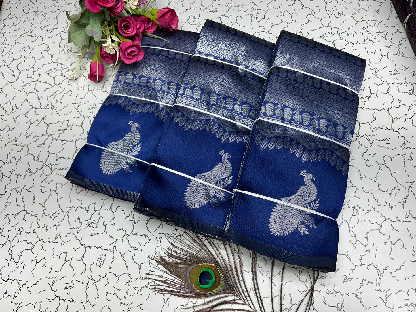 Peacock silver Bridal Saree navy blue