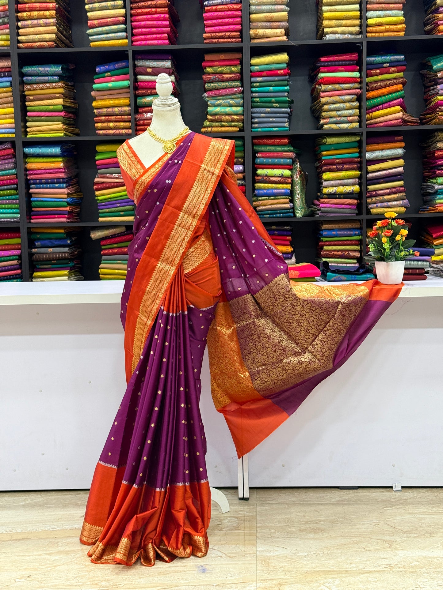 Kanchi Soft Silk Saree Purple with Orange Border | Rich Kanchipuram Style Bridal & Festive Saree