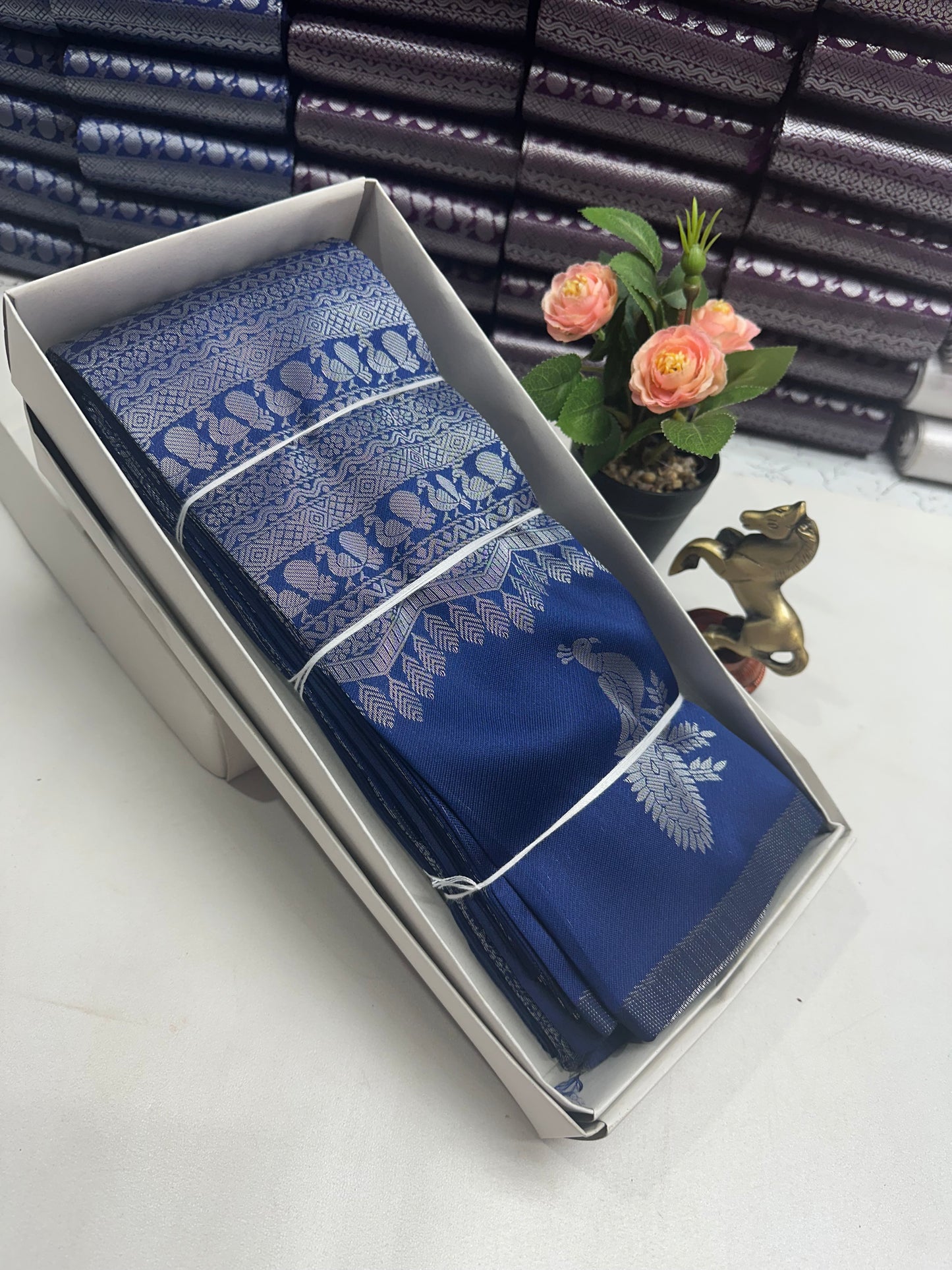 Peacock silver Bridal Saree navy blue